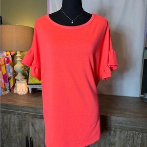 Women's Bright Coral Cut Out Back Ruffle Sleeve Top
